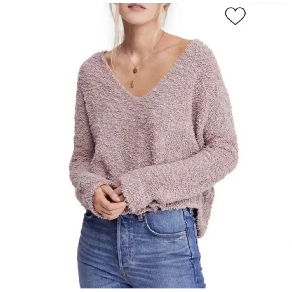 Free People Popcorn Pullover V-Neck Boxy Sweater In Mauve Pink Sz XS Boho Casual
